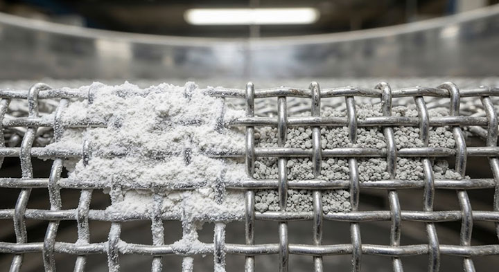 A close-up showing severe blinding and pegging of a woven wire mesh on an industrial vibrating screen: powder clogging the mesh on the left, and granules wedged in the openings on the right.