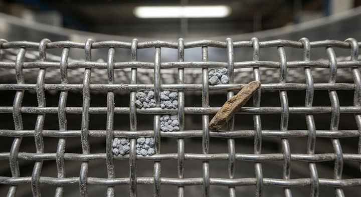 A macro photograph of a woven metal screen clearly showing rigid, similarly sized particles and irregularly shaped particles wedged and jammed into the square mesh openings.