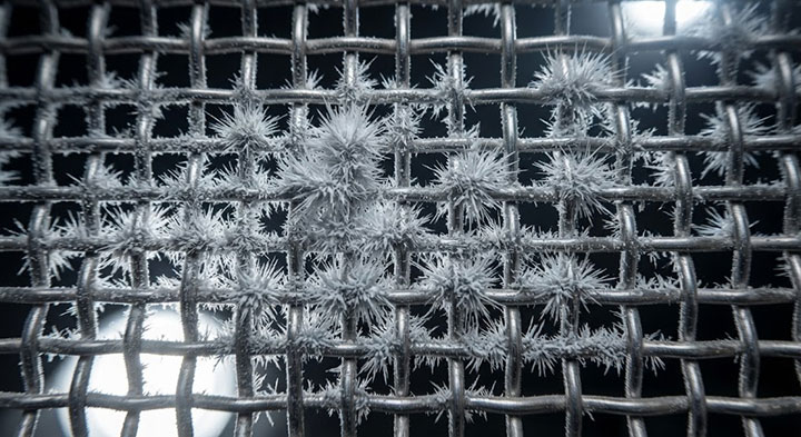 A high-resolution industrial micrograph showing fine, dry powder—due to the accumulation of electrostatic charge—clinging tightly to metal sieve wires and standing vertically, forming spike-like clusters.
