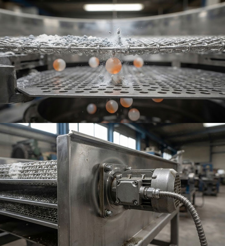 High-definition composite image showing an anti-clogging bouncing ball system for industrial screening machines (top) and a heavy-duty vibrating motor drive unit (bottom).