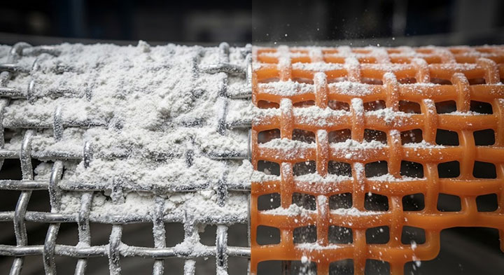 Macro-view comparison showing severe clogging in traditional metal wire mesh versus the anti-clogging performance of self-cleaning polyurethane screens, highlighting the advantages of flexible polymer materials in preventing mesh blinding.