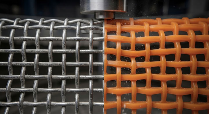 Macro comparison of industrial screen materials: on the left, rigid woven stainless steel mesh; on the right, a bright orange elastic polyurethane (PU) screening panel. The PU material undergoes elastic deformation under load to release trapped material.