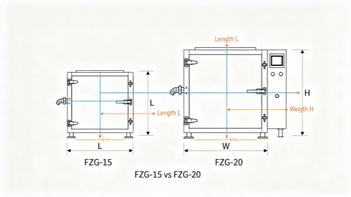 Comparison of FZG-15 and FZG-20 vacuum dryer exterior dimensions showing size difference