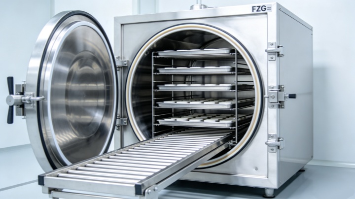 Interior of FZG vacuum dryer showing multi-layer heating shelves and tray placement for static drying process