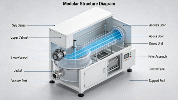 Technical diagram of SZG double cone rotary vacuum dryer showing heating jacket, vacuum system and rotating mechanism