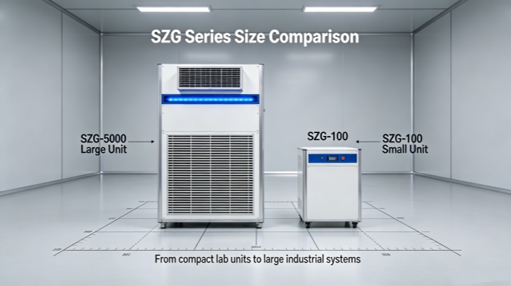 Size comparison of SZG-100 small capacity and SZG-5000 industrial scale double cone rotary vacuum dryer