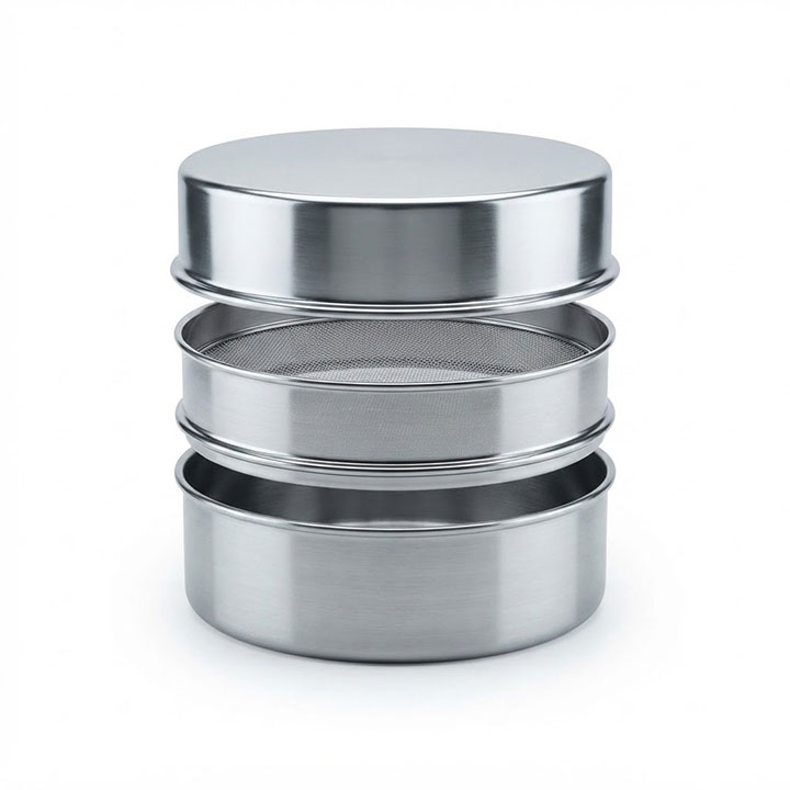 Complete laboratory test sieve stack assembly, showing nested sieves with receiver pan and cover, isolated on white background.