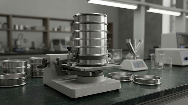 Stainless steel test sieve stack, including bottom pan and top cover, secured in a laboratory sieve shaker machine ready for gradation analysis.