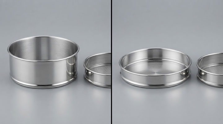 Professional studio comparison of two stainless steel laboratory test sieve assemblies, clearly showing the difference between a deep full-height receiver pan (left) and a shallow half-height receiver pan (right) mounted on a shaker base.