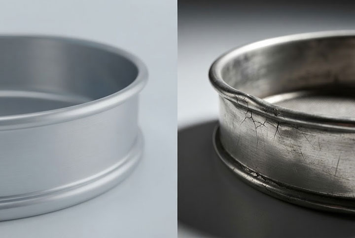 Professional split-screen product photography comparing a pristine, new stainless steel laboratory test sieve frame (left) with a heavily used, cracked, and corroded sieve frame (right), highlighting metal fatigue and failure.