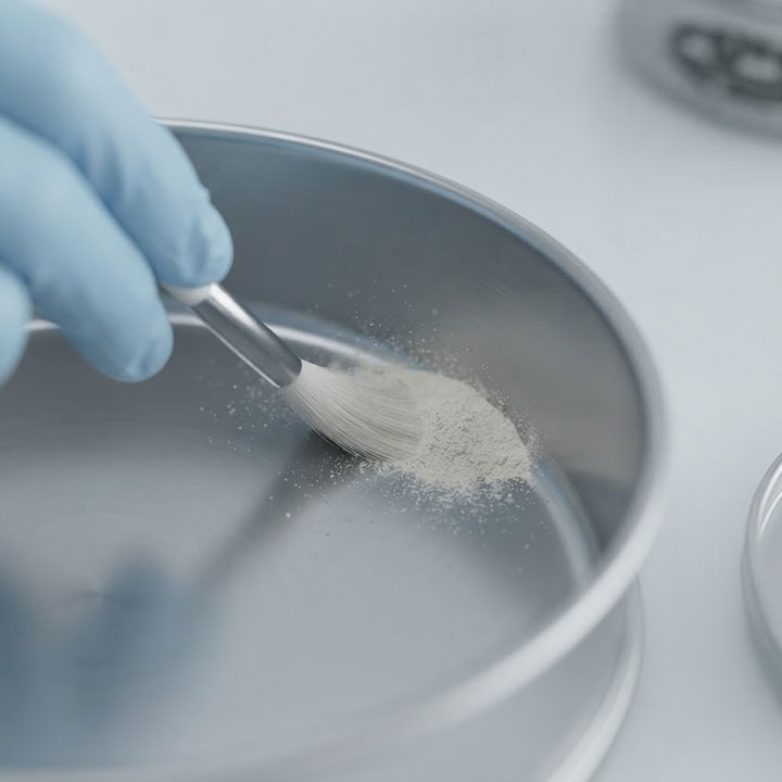 Close-up view of a gloved hand using a small, soft-bristled brush to meticulously clean fine powder residue from the internal surface of a stainless steel laboratory test sieve frame.