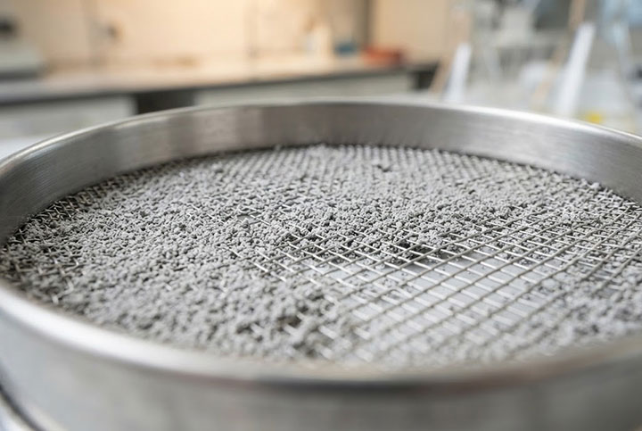 A macro close-up photograph showing severe mesh clogging and blinding on a fine stainless steel wire mesh test sieve, with fine powder particles wedged in the apertures.