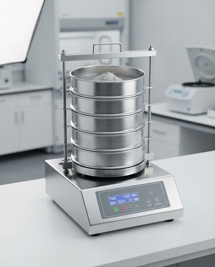 A clean stack of high-quality stainless steel laboratory test sieves nested on a professional electromagnetic sieve shaker base in a modern quality control laboratory.
