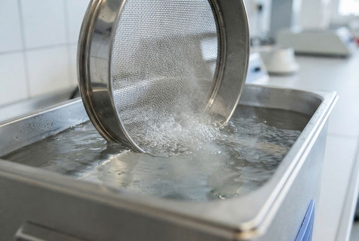 A close-up shot of a laboratory ultrasonic cleaner tank actively removing trapped fine particles from a stainless steel test sieve frame via cavitation bubbles, in a functional lab setting.