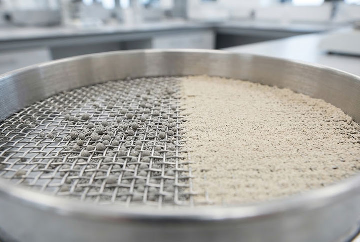 A high-definition macro close-up photograph of a fine stainless steel wire mesh test sieve surface, illustrating both mesh clogging with near-size particles and mesh blinding with adhered fine cohesive powder.