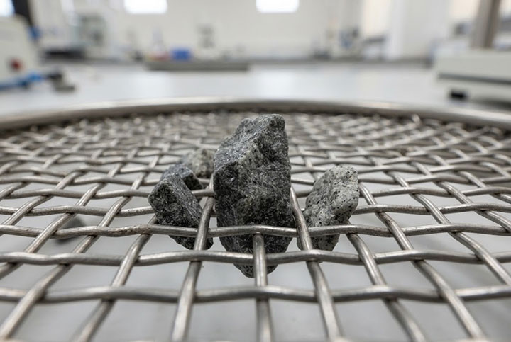 Extreme close-up of sharp, angular grey aggregate particles pegged in a coarse industrial test sieve mesh.