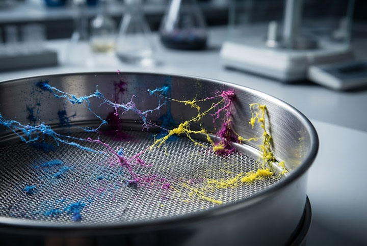Macro view of colored polymer powder clinging due to severe electrostatic buildup on a lab test sieve frame and mesh.