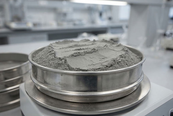 A laboratory test sieve overloaded with a thick layer of fine grey powder, obscuring the mesh.
