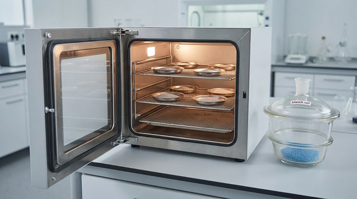Open laboratory convection oven with stainless steel dishes containing dried powder samples next to a glass desiccator.