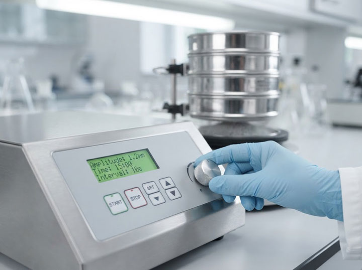 Gloved hand adjusting the digital control panel of an electromagnetic sieve shaker with a sieve stack operating in the background.