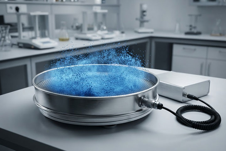 Ultrasonic de-blinding system fluidizing fine blue powder on a test sieve mesh.