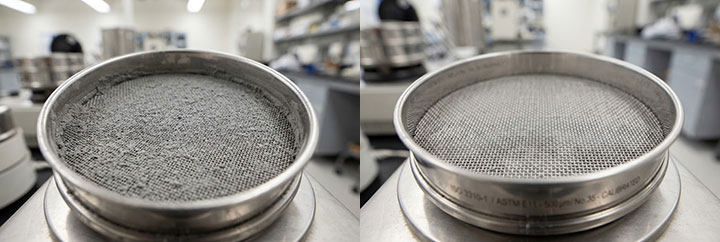 Before and after comparison: a severely clogged industrial test sieve (left) vs. a pristine, calibrated sieve (right).
