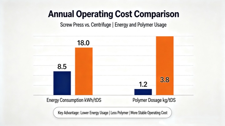 Cost comparison chart: solid-liquid separator screw press vs centrifuge annual operating expenses