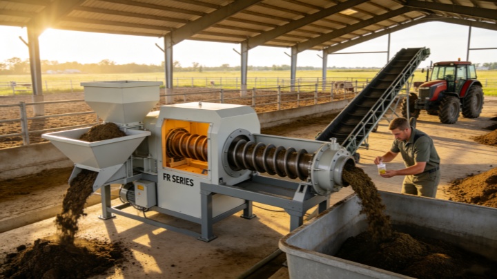 Solid-liquid separator screw press in operation at a biogas plant dewatering digestate