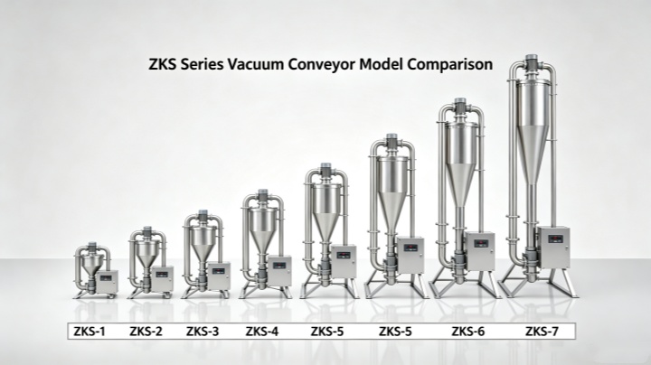 Dahan ZKS series electric vacuum conveyor models size comparison - ZKS-1 to ZKS-7