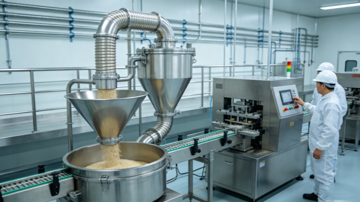 Electric vacuum conveyor installed in a food processing production line - Dahan machine in operation