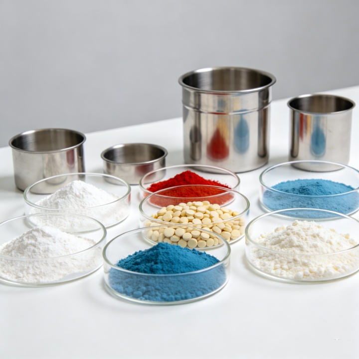 Various dry powder materials for industrial blending including flour, pigments, and pharmaceutical granules