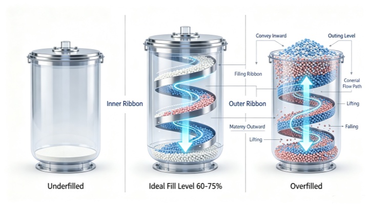 Cross-section diagram of a Ribbon Mixer Blender showing 70 percent fill level and ribbon agitator in motion