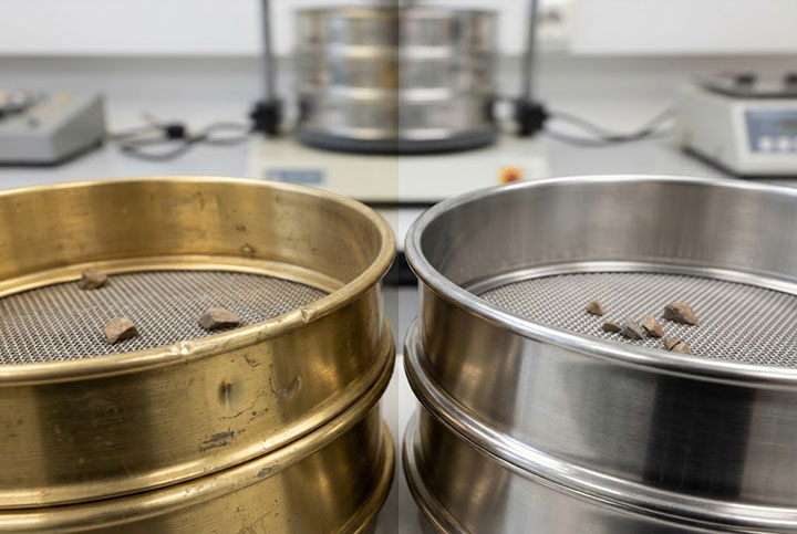 Macro comparison showing brass sieve frame damage vs stainless steel durability after soil testing