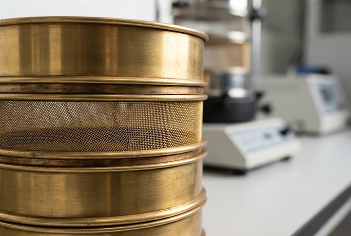 Extreme close-up of stacked brass soil test sieves showing metallic luster and natural oxidation