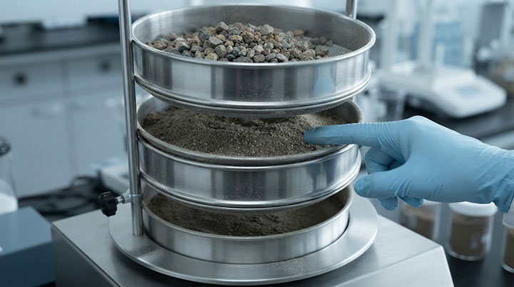 A modern geotechnical laboratory featuring a stainless steel electromagnetic sieve shaker with a stack of standard soil test sieves compliant with ASTM E11 and ISO 3310 standards.
