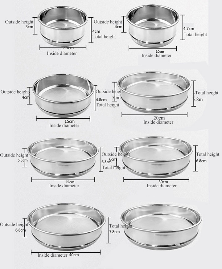 A specification chart from Dahan Machinery showing the inside diameter and outside height of various stainless steel test sieves, including standard 8-inch (200mm) and 12-inch (300mm) models.
