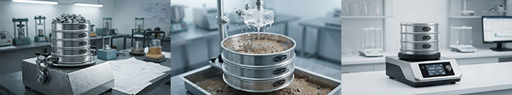 Multiple application scenarios of Dahan Machinery sieve shakers, showing heavy-duty aggregate testing, wet-washing sieve assembly, and quiet electromagnetic operation in a modern geotechnical laboratory.