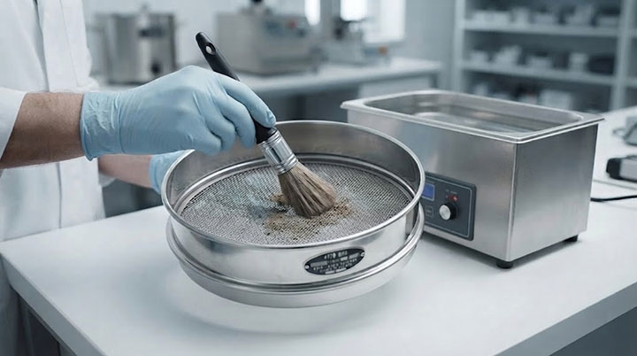 A laboratory technician wearing nitrile gloves uses a soft-bristled brush to gently clean trapped fine particles from the mesh of a high-precision stainless steel test sieve, ensuring accurate soil particle analysis.