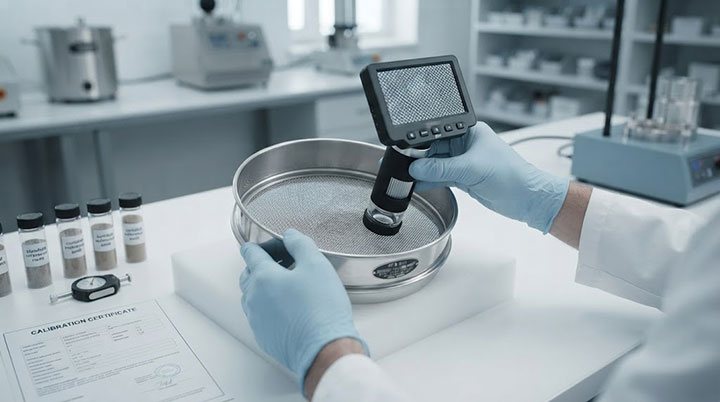 A close-up view of a periodic calibration check in a geotechnical lab. A technician uses a digital optical microscope to inspect the mesh integrity of a stainless steel test sieve. A formal calibration certificate and reference standards are visible on the workbench.