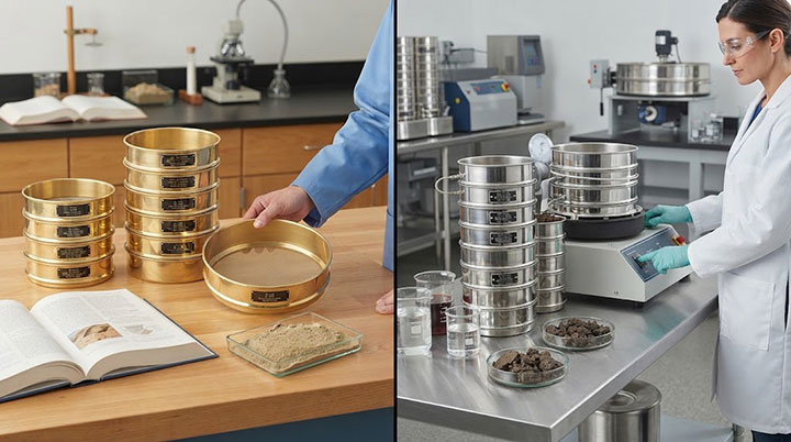 Geotechnical lab decision framework: Traditional brass sieves (left) vs Modern stainless steel (right) application