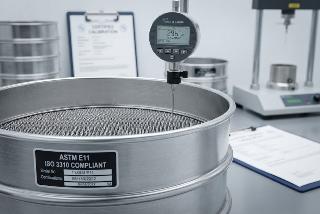 Extreme close-up of stainless steel test sieve showing ASTM and ISO standard compliance and mesh precision