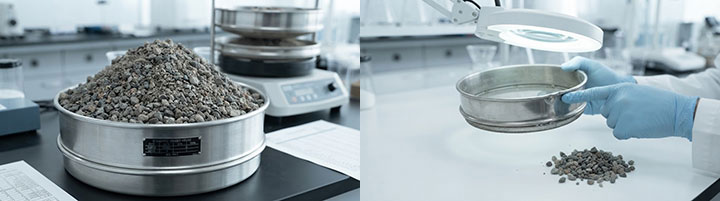 A split-screen view illustrating Dahan Machinery soil testing best practices. Left: An overloaded sieve stack causes inaccurate particle separation. Right: A technician in a lab uses a magnifying lamp to inspect a sieve for frame wear and mesh integrity.