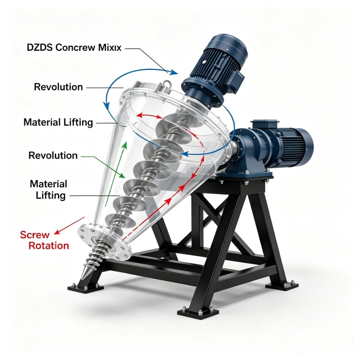 3D mixing motion diagram of DZDS Series conical screw mixer showing axial, radial and tangential movement