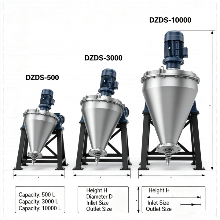 Models and specifications comparison of DZDS Series conical screw mixers ranging from 300L to 30000L capacity