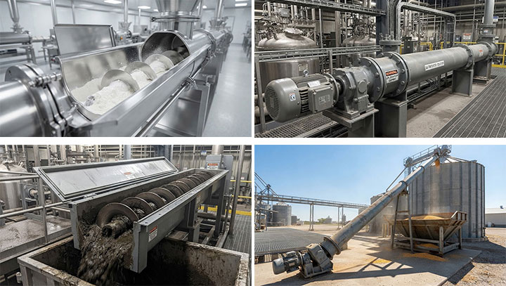 Custom Industrial Screw Conveyor Applications: Food Grade, Chemical, Wastewater, and Agriculture (4-in-1 View)