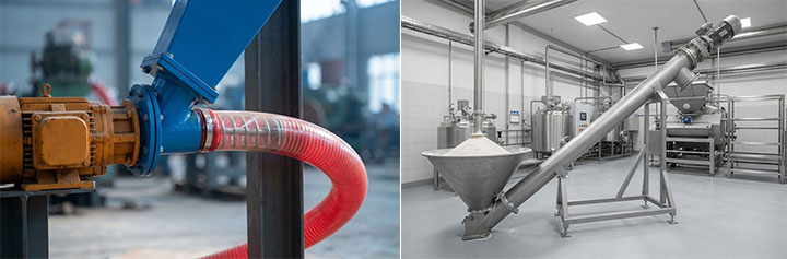 Side-by-side comparison of industrial conveying equipment: a flexible auger conveyor with a clear tube (left) and a stainless steel tubular screw conveyor system (right).