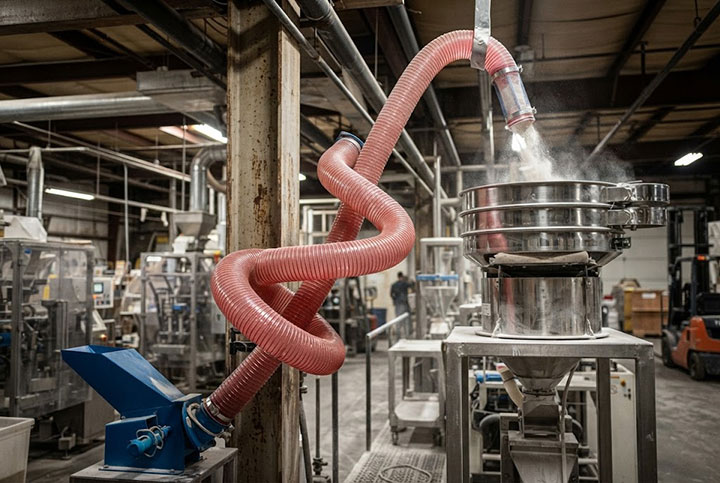 Close-up of an orange industrial gear motor connected to a blue feed hopper and a translucent red flexible auger conveyor tube in a factory setting.