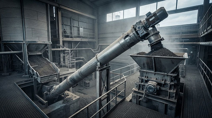 A complete inclined heavy-duty tubular screw conveyor system made of steel, transferring bulk material from a silo to a primary crusher in a dusty industrial plant.