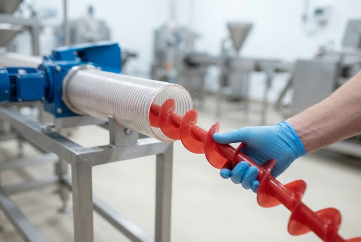 Close-up view of the internal red flexible auger spiral core being extracted from a translucent food-grade conveyor tube in a sanitary processing facility.