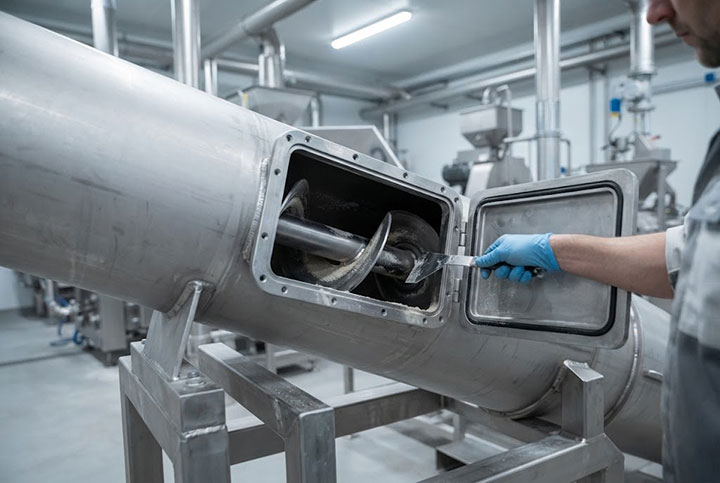 An operator in a clean industrial facility uses a scraper to clean the internal screw flights of an inclined stainless steel tubular screw conveyor through an open inspection hatch.